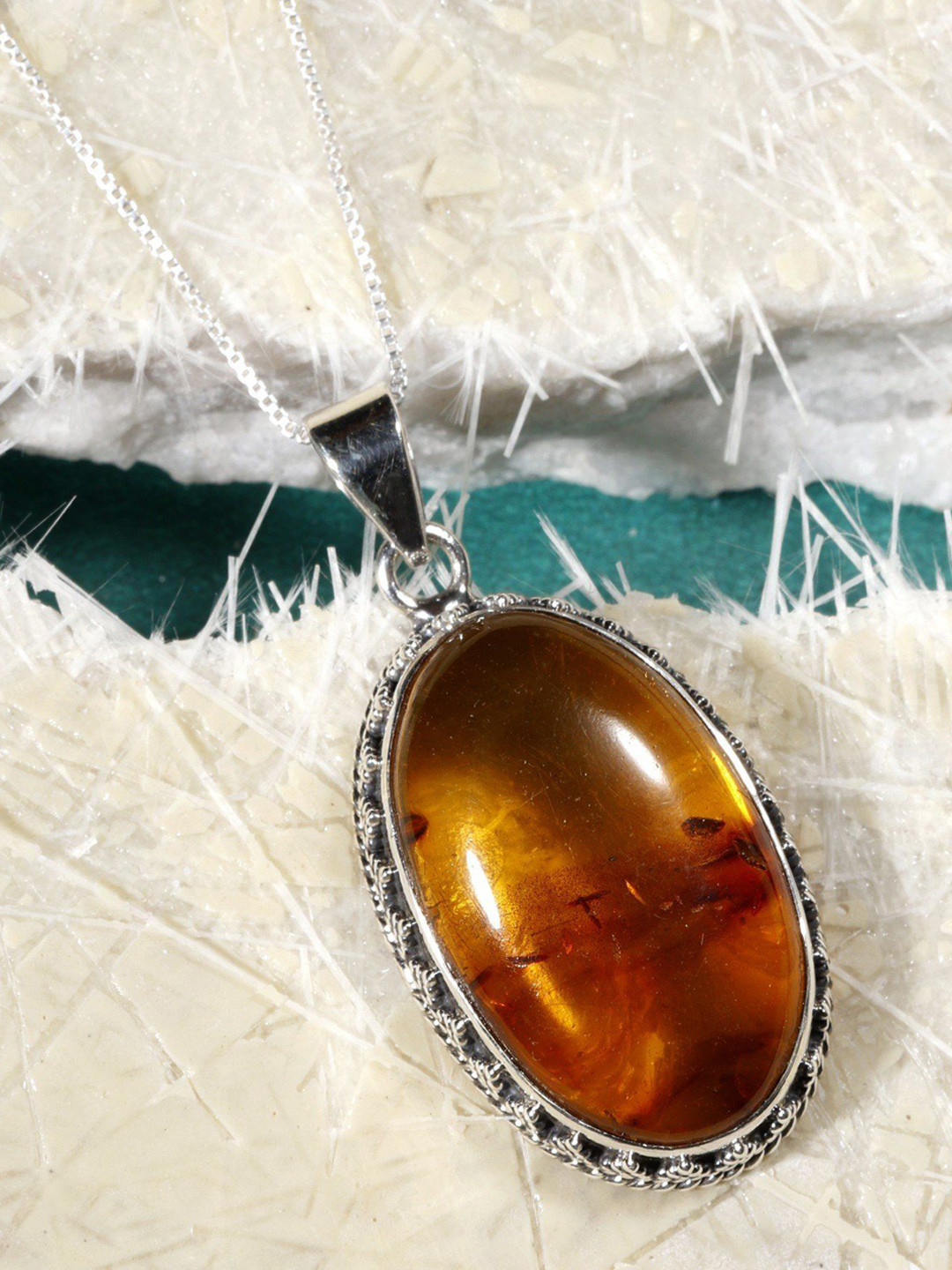 Exotic India Amber Gemstone Oval Shape Sterling Silver Pendant
