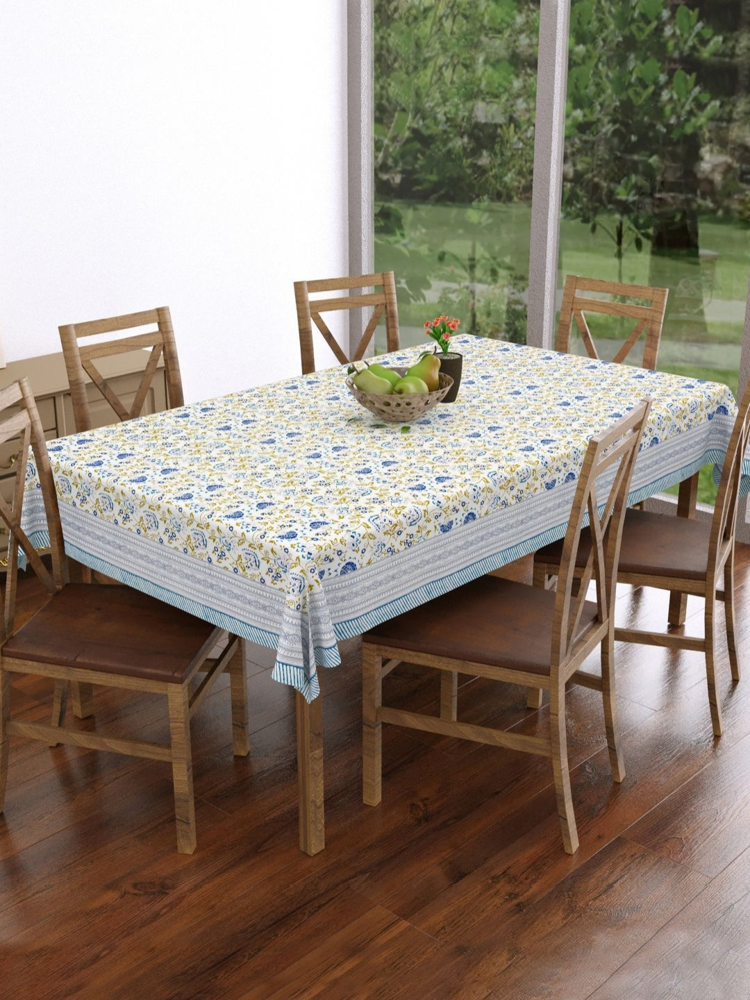 BLOCKS OF INDIA Blue & White Printed Cotton 6 Seater Rectangle Table Cover