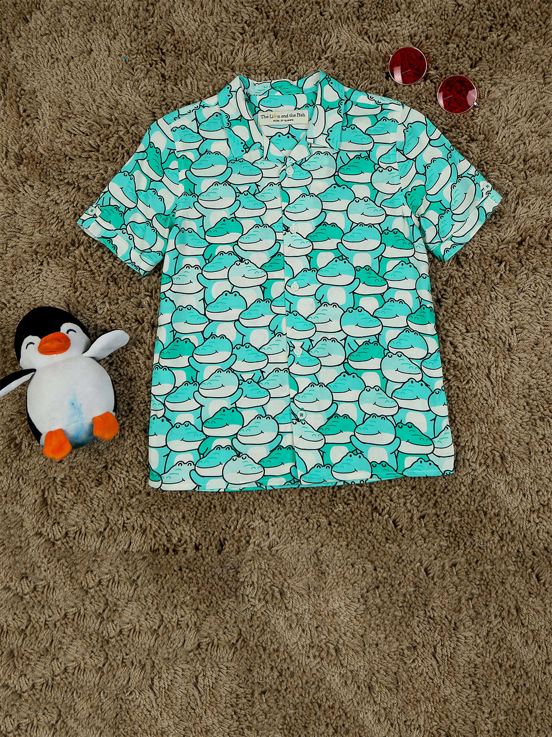 The Lion and The Fish Boys Relaxed Fit Crocodile Printed Cuban Collar Shirt