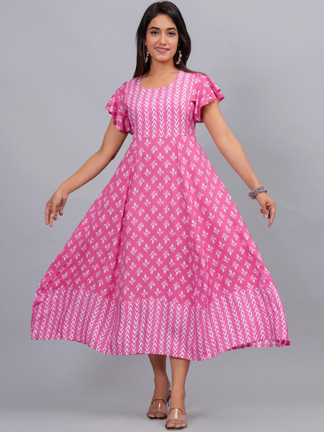 Sanganeri Kurti Ethnic Motifs Printed Flutter Sleeves A-Line Midi Dress
