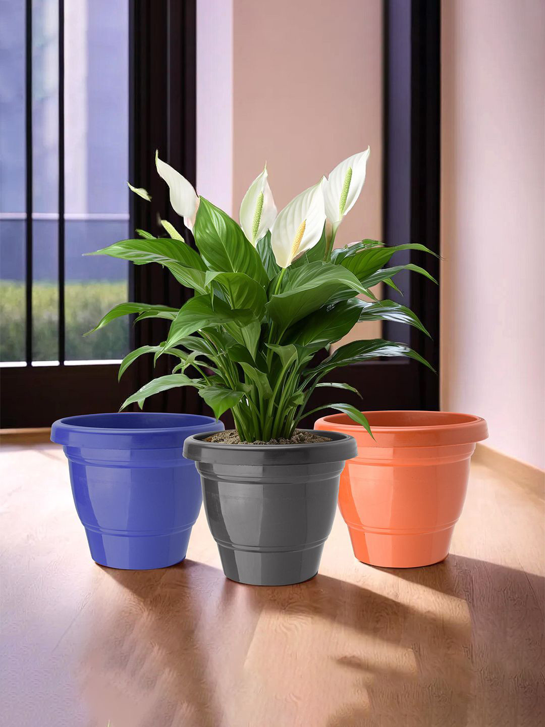 Kuber Industries Blue & Black 3 Pieces 2-Layers Planters