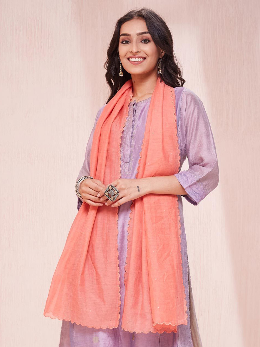 Fabindia Women Embroidered Scallop Hem Stole