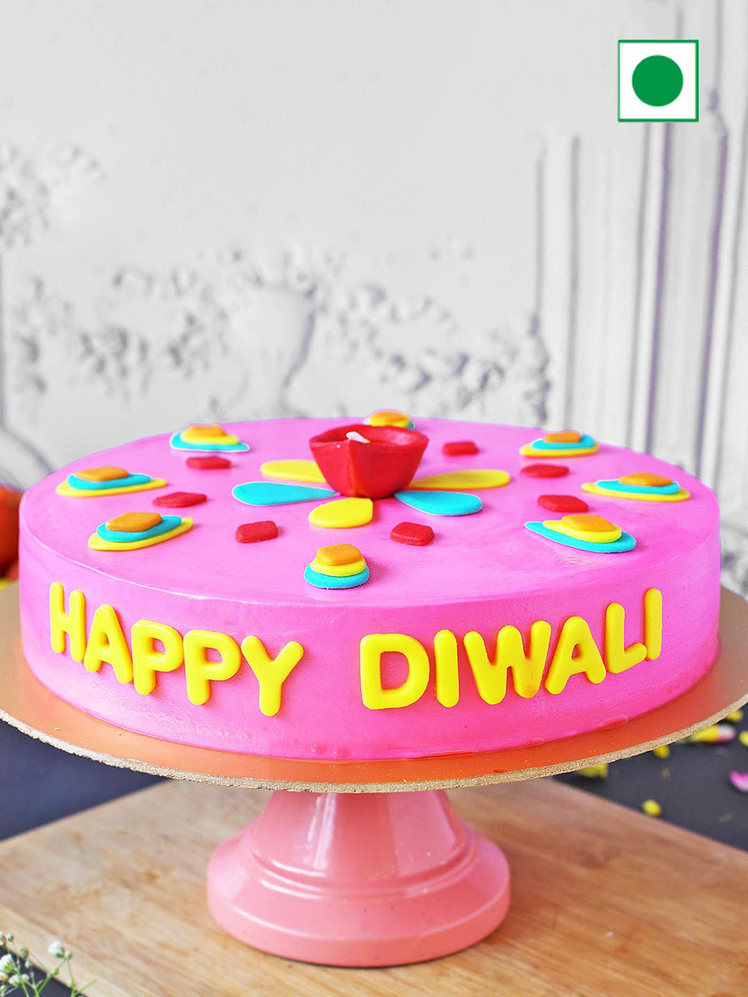 IGP Fresh Cream Flavour Diwali Floral Diya Eggless Round Cake- 1Kg