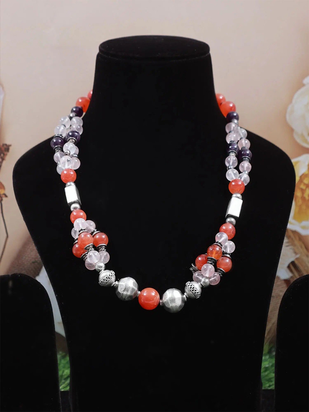 Exotic India Rose Quartz, Amethyst, and Carnelian Sterling Silver Necklace