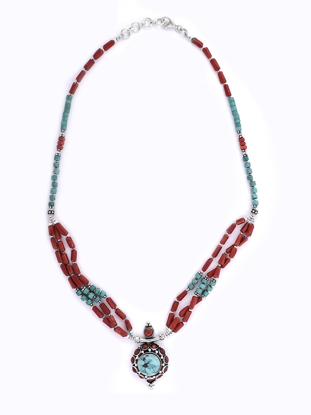 Exotic India Coral and Turquoise Stone Sterling Silver Sober Necklace