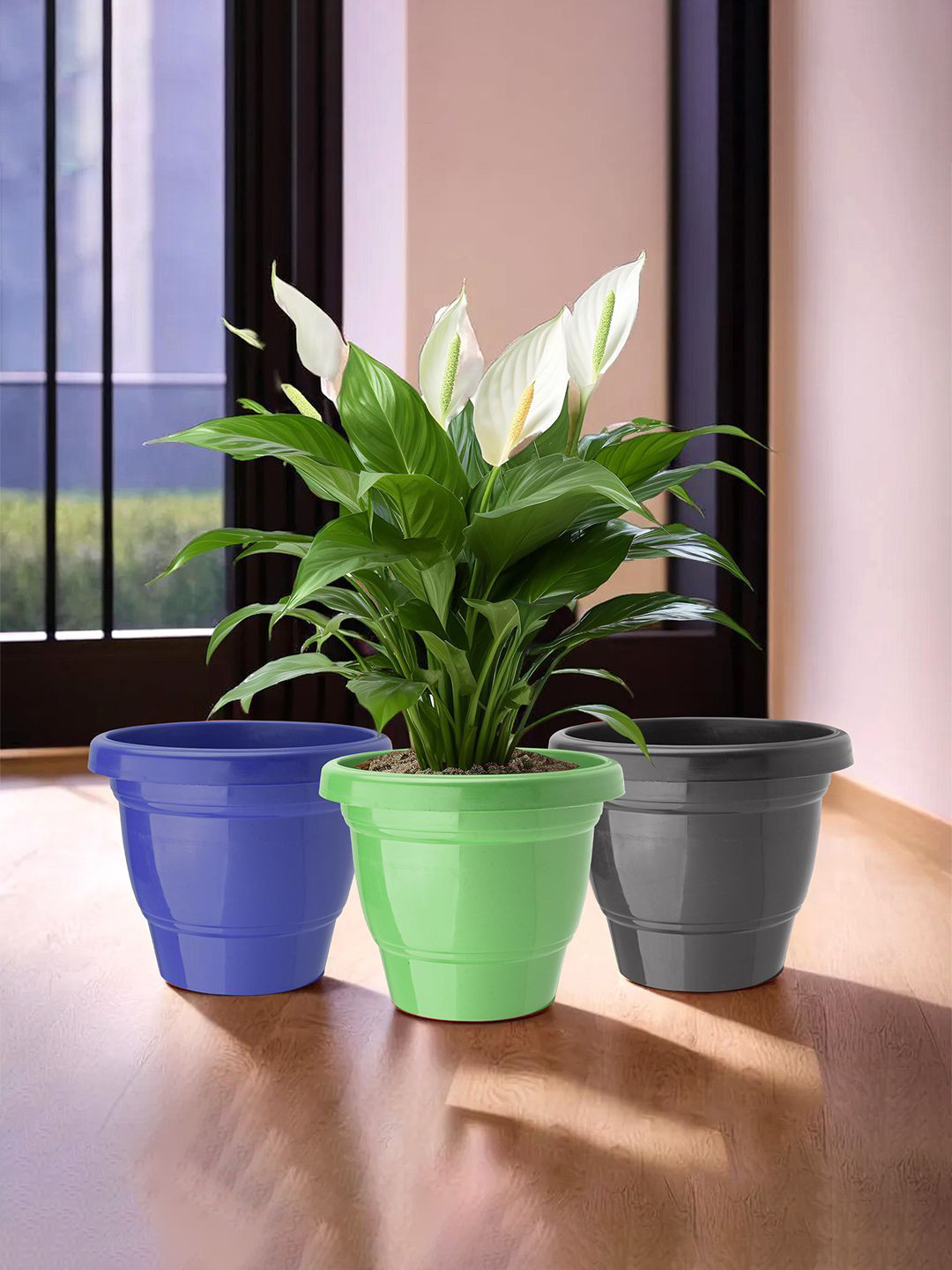 Kuber Industries Blue & Black 3 Pieces Lightweight 2-Layer Planters