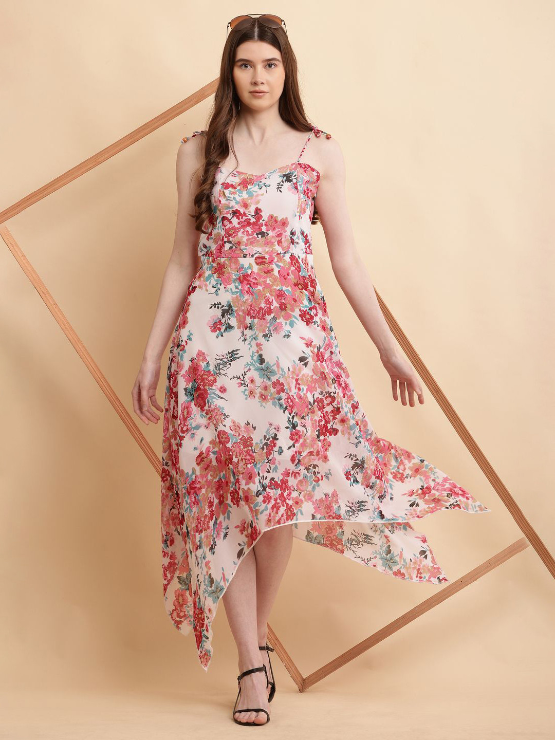 Absorbing Floral Printed Shoulder Straps Georgette A-Line Midi Dress