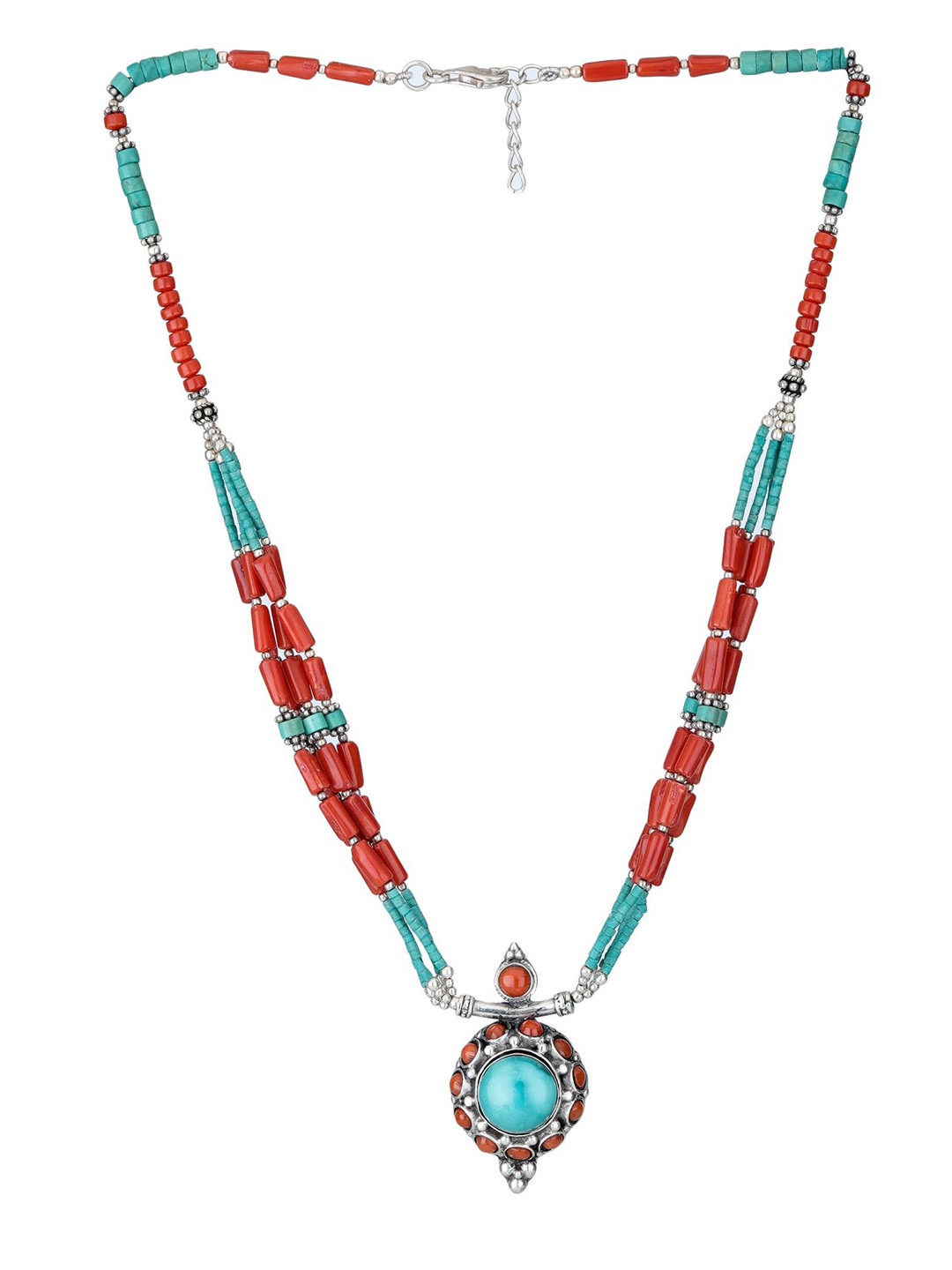 Exotic India Coral and Turquoise Gemstone Sterling Silver Necklace