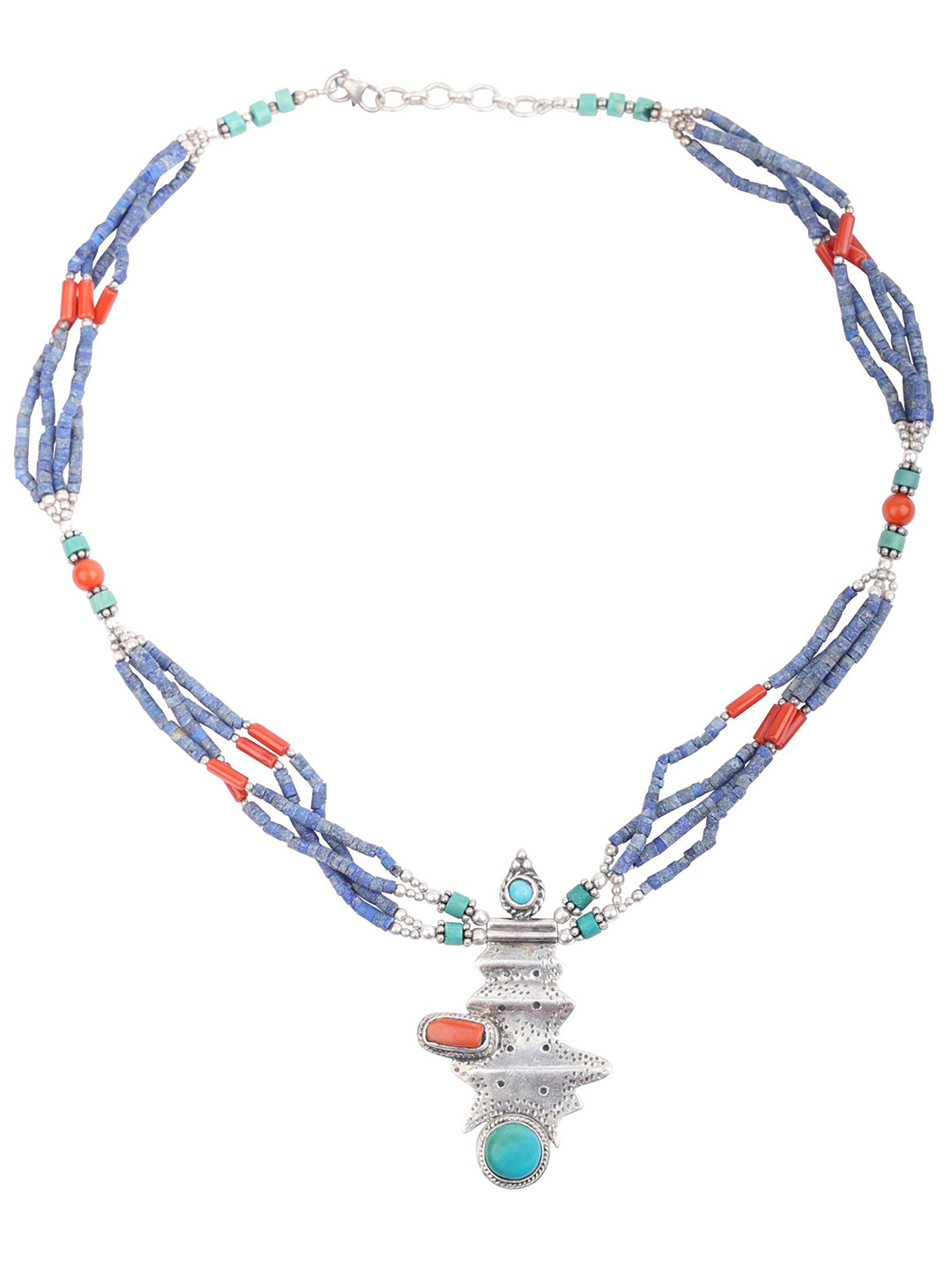 Exotic India Turquoise Coral & Lapis Lazuli Studded by Thread Sterling Silver Necklace