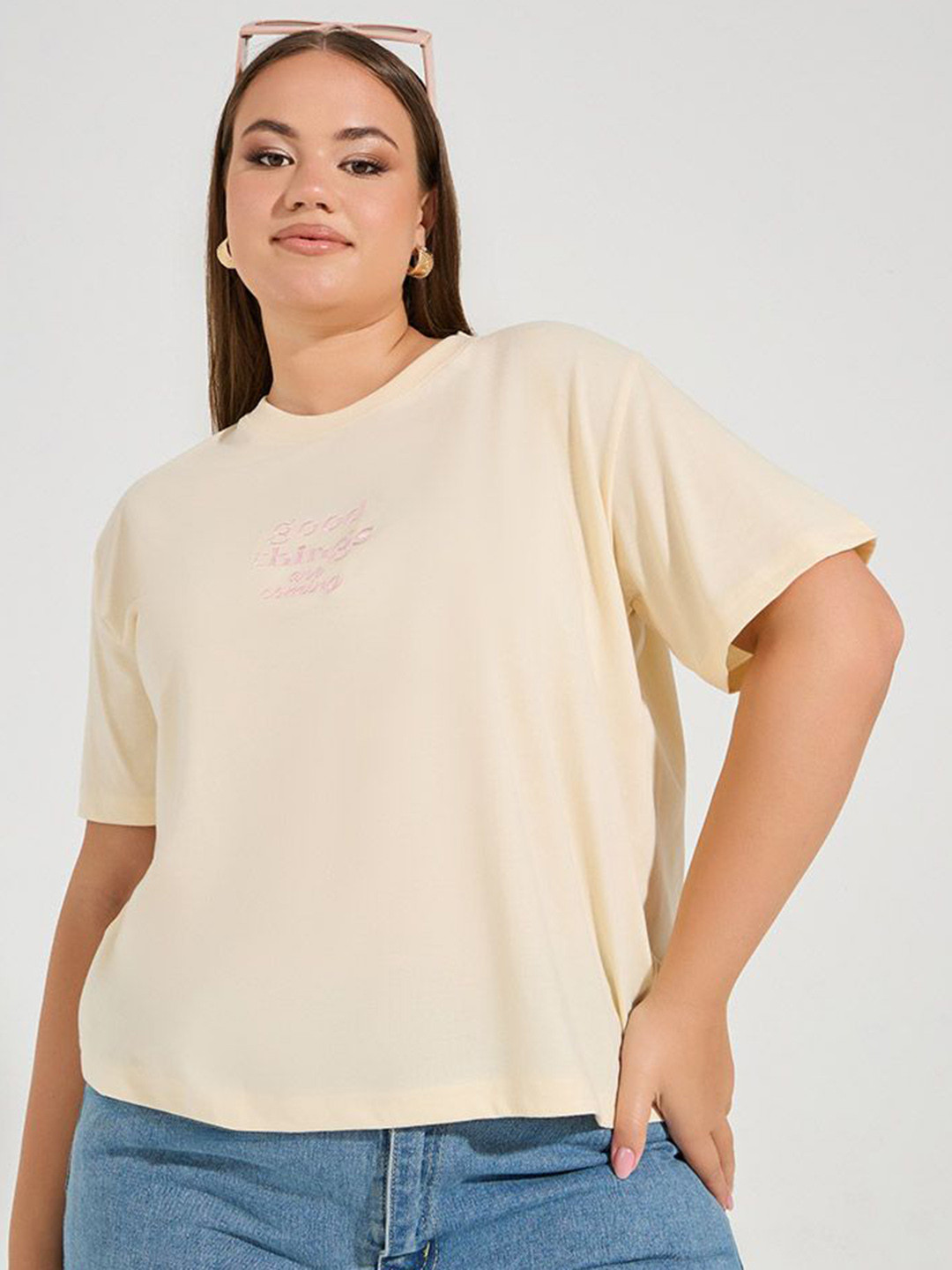 Styli Women Plus Size Dropped Shoulder Oversized Round Neck T-shirt