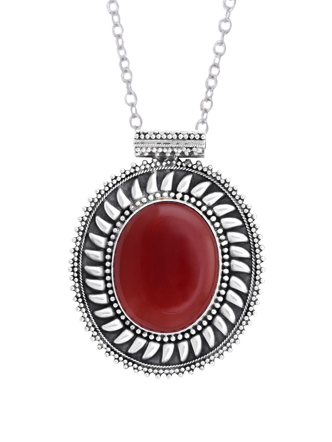 Exotic India Oval Shaped Carnelian Gemstone Sterling Silver Studded Pendant