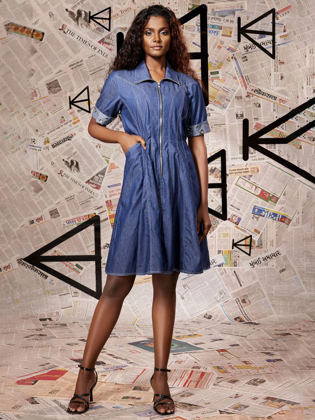 ECHKE Shirt Collar Denim short Shirt Dress