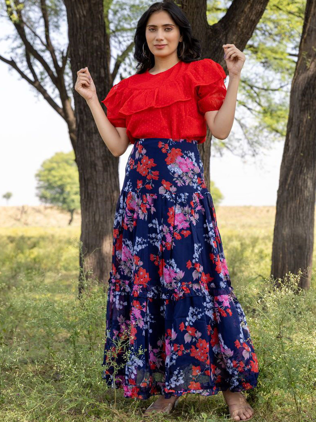 Polago Clothing Self Design Round Neck Top & Skirts
