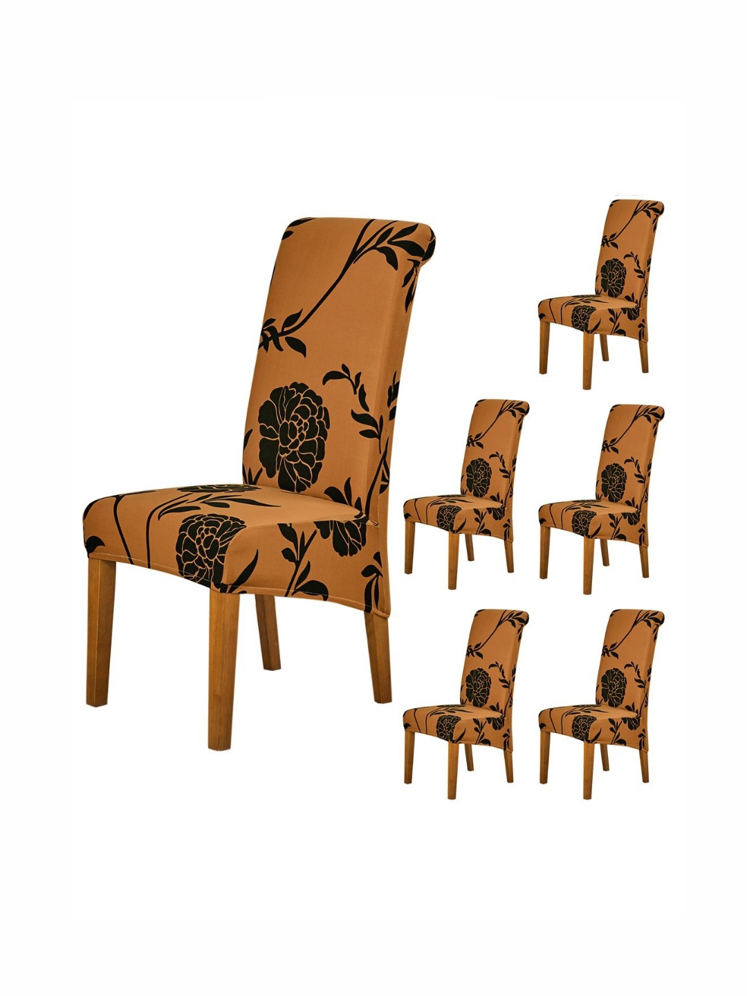 HOKIPO Copper Brown & Black 6 Pieces Printed 140 GSM Long Back Dining Chair Covers