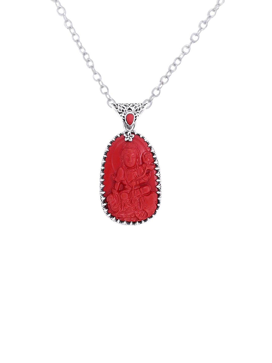 Exotic India Red Stone Buddha with Precious Coral Gemstone Sterling Silver Pendant