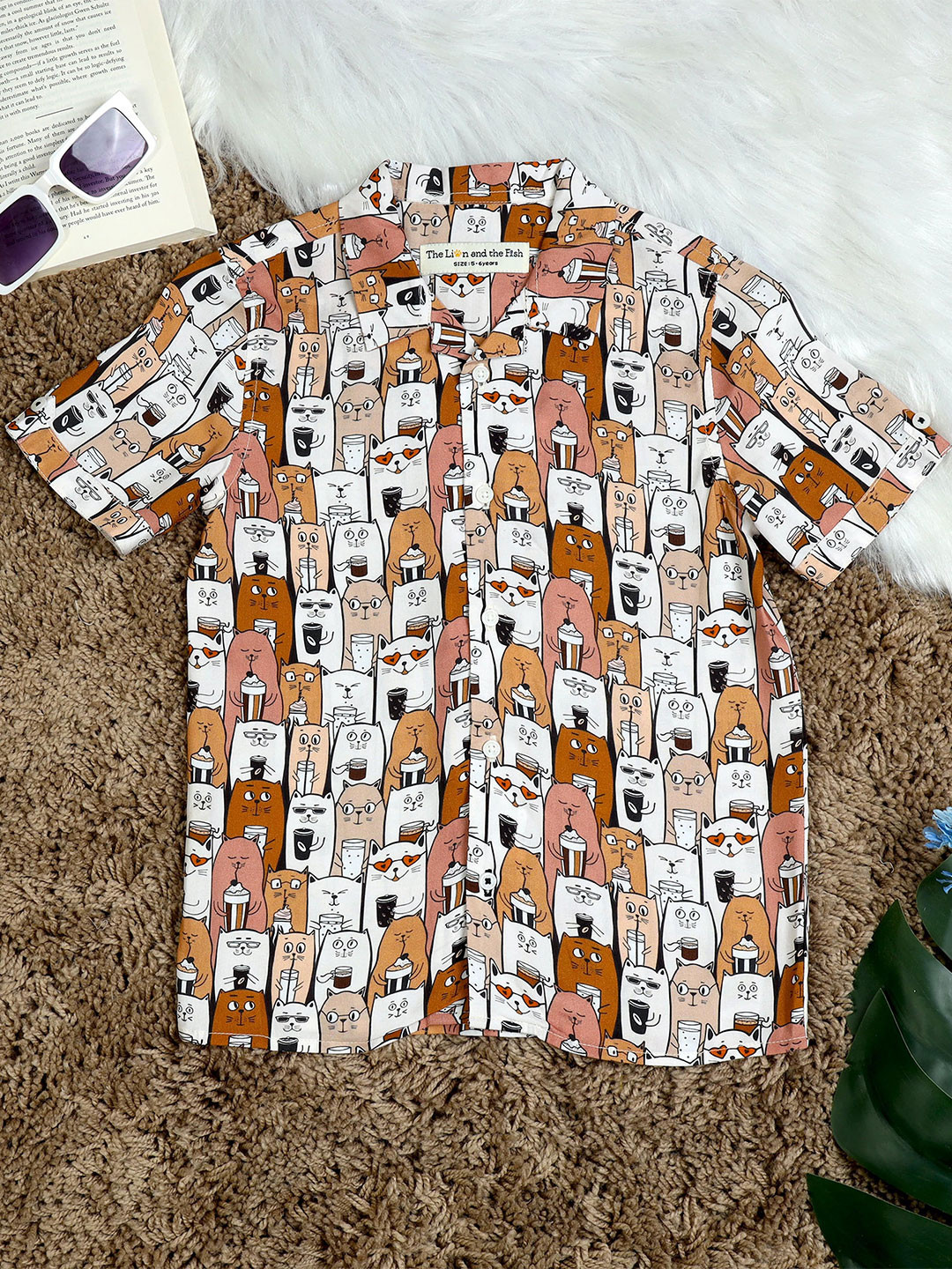 The Lion and The Fish Boys Relaxed Fit Cat Printed Cuban Collar Shirt
