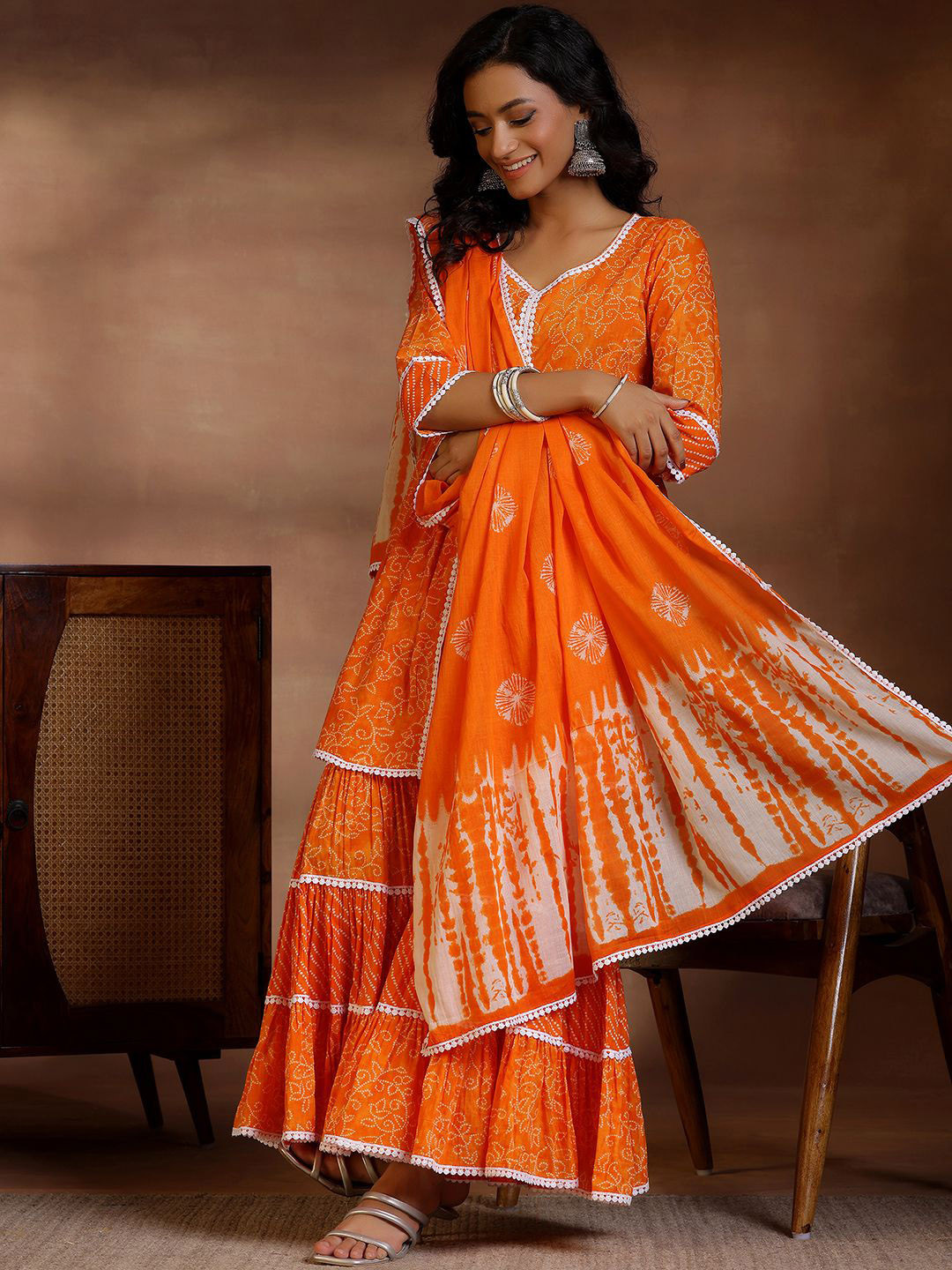 Libas Womens Orange Printed Cotton A-Line Kurti With Sharara & Dupatta