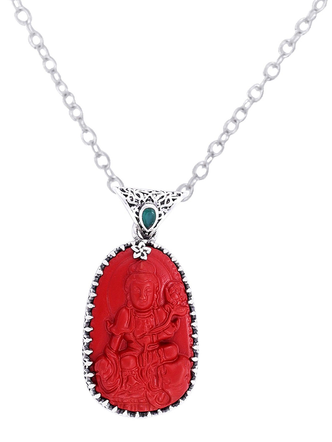 Exotic India Red Stone Buddha with Precious Emerald Gemstone Sterling Silver Pendant