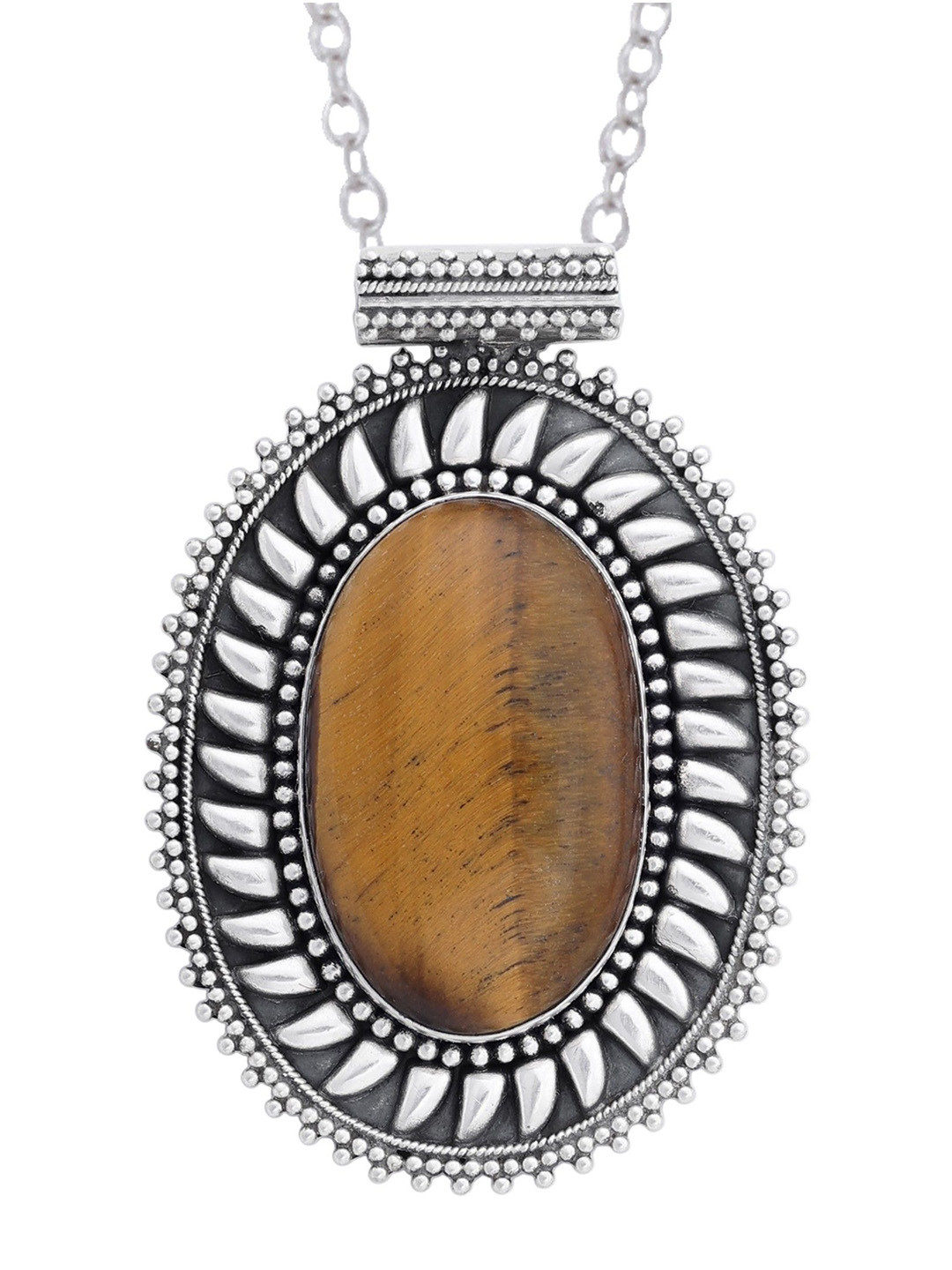 Exotic India Tiger Eye Large Gemstone Sterling Silver Studded Pendant