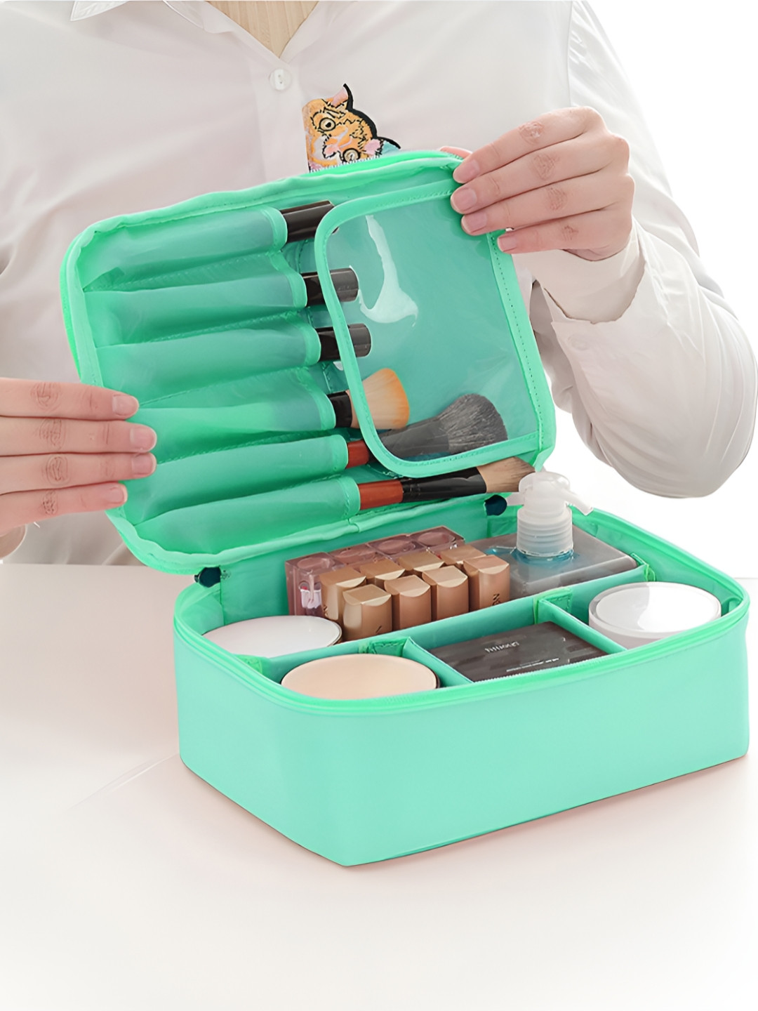 Aura Lime Green & White Printed Makeup Organiser