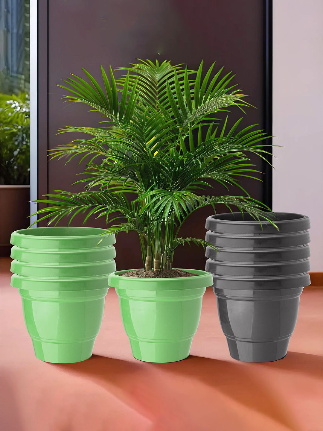 Kuber Industries Green & Black 10 Pieces 2-Layers Durable Planters