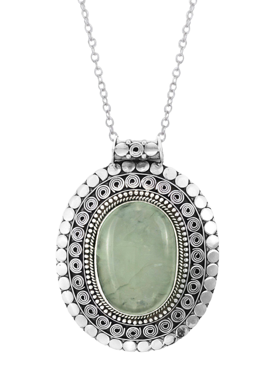 Exotic India Prehnite Gemstone Sterling Silver Pendant