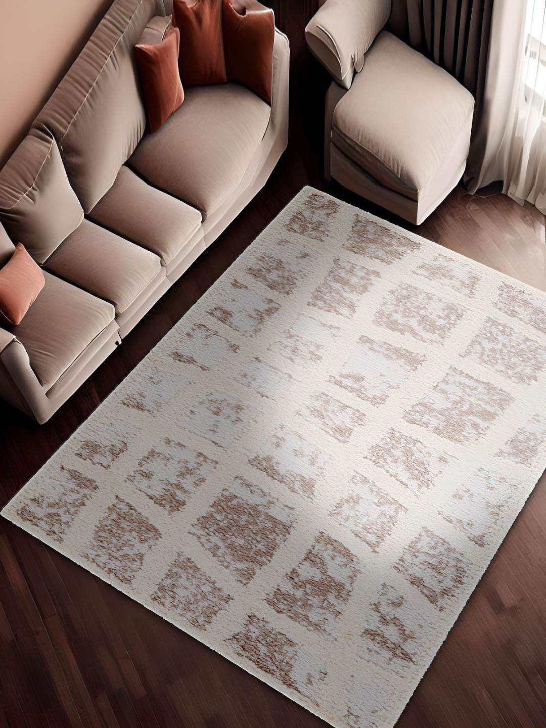 Sapana Carpet-Mats Beige & Ctream Coloured Geometric Shaggy Carpet