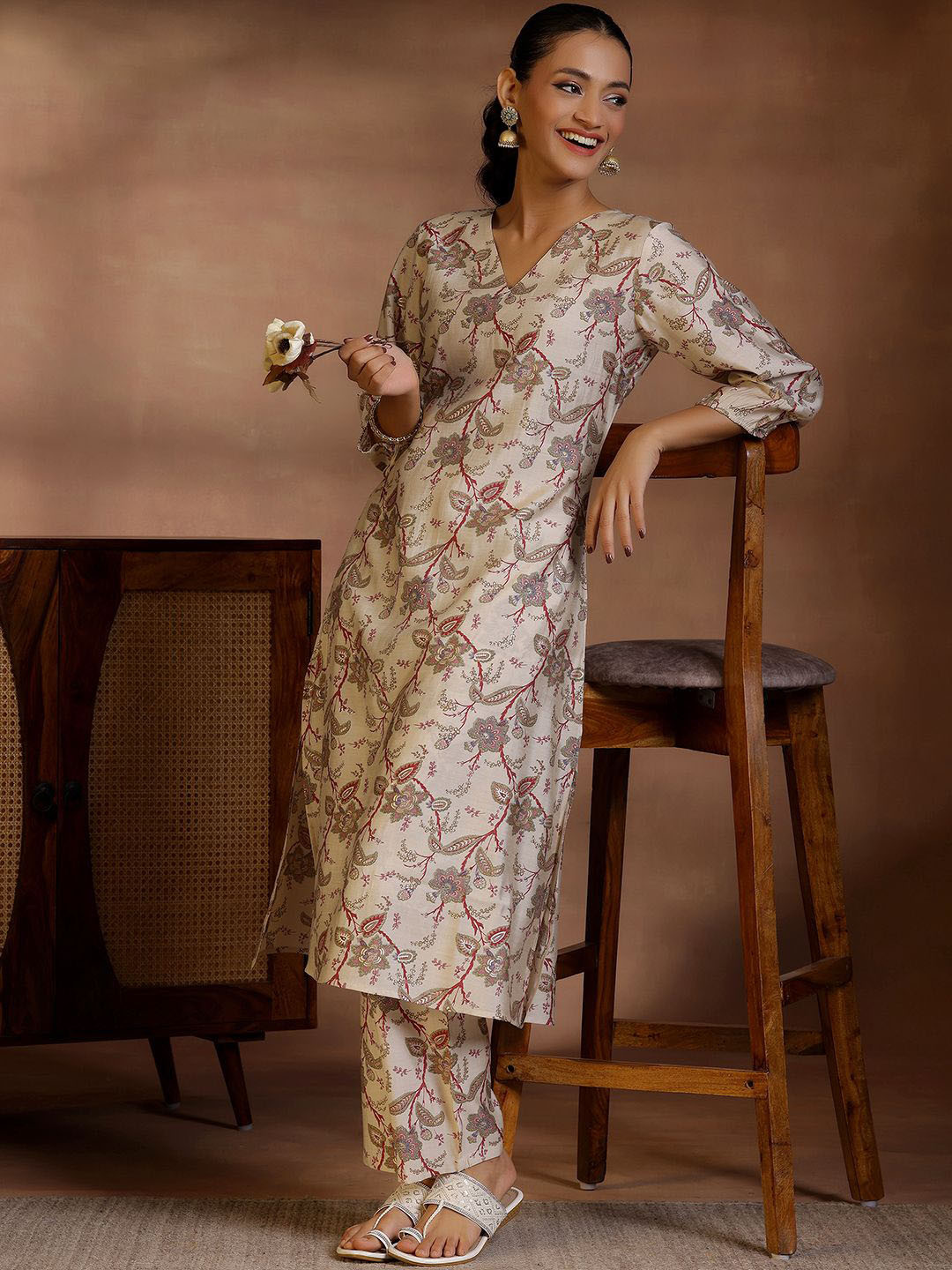 Libas Floral Printed V Neck Straight Kurta With Palazzos