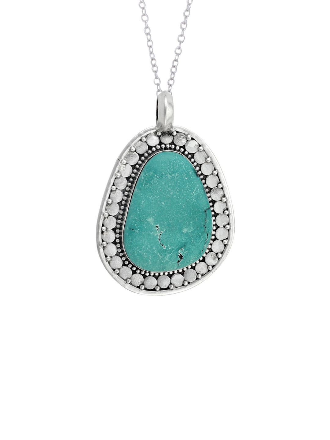 Exotic India Large Turquoise Stone Sterling Silver Studded Pendant