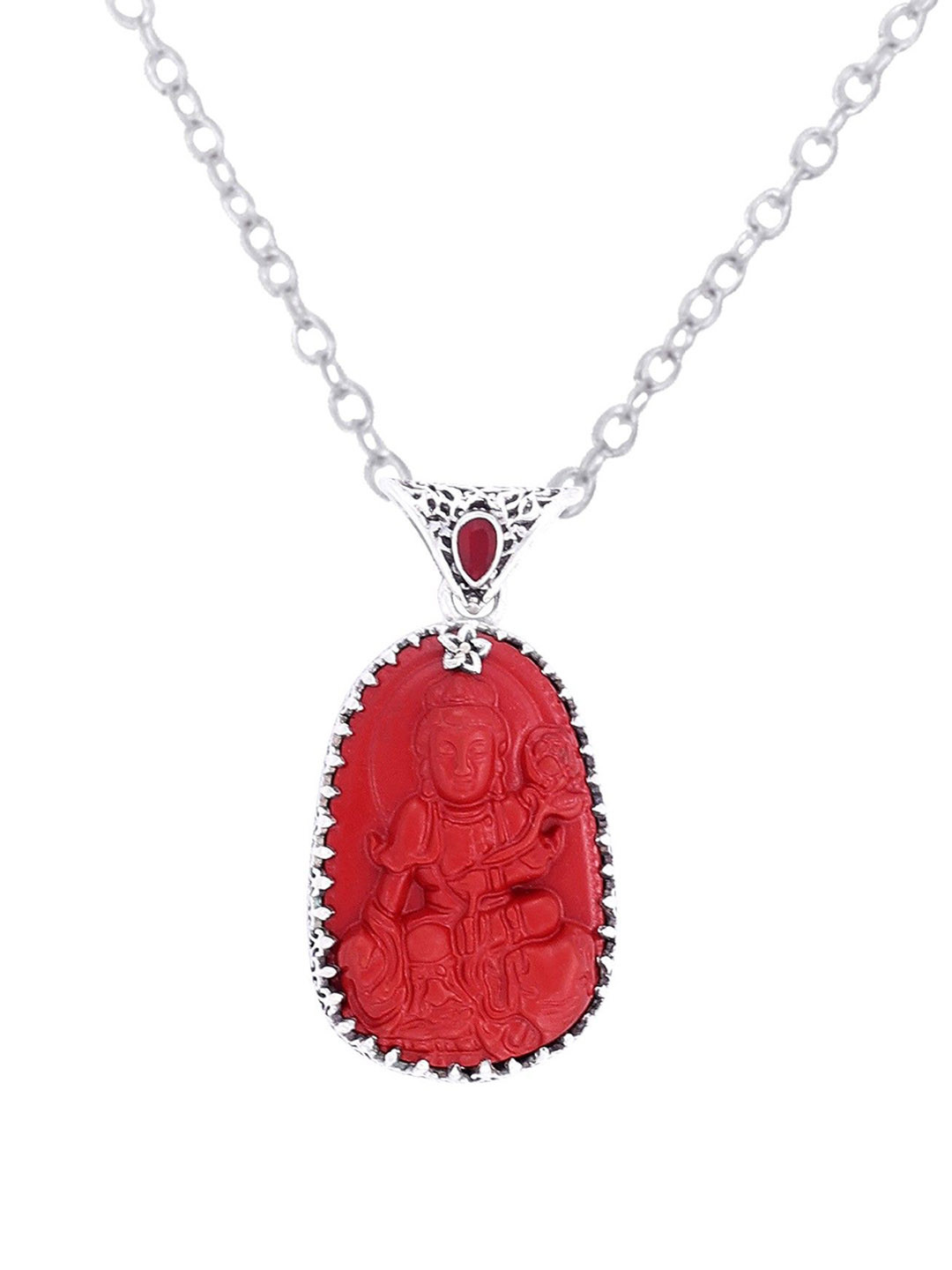 Exotic India Red Stone Buddha Precious Garnet Gemstone Sterling Silver Pendant