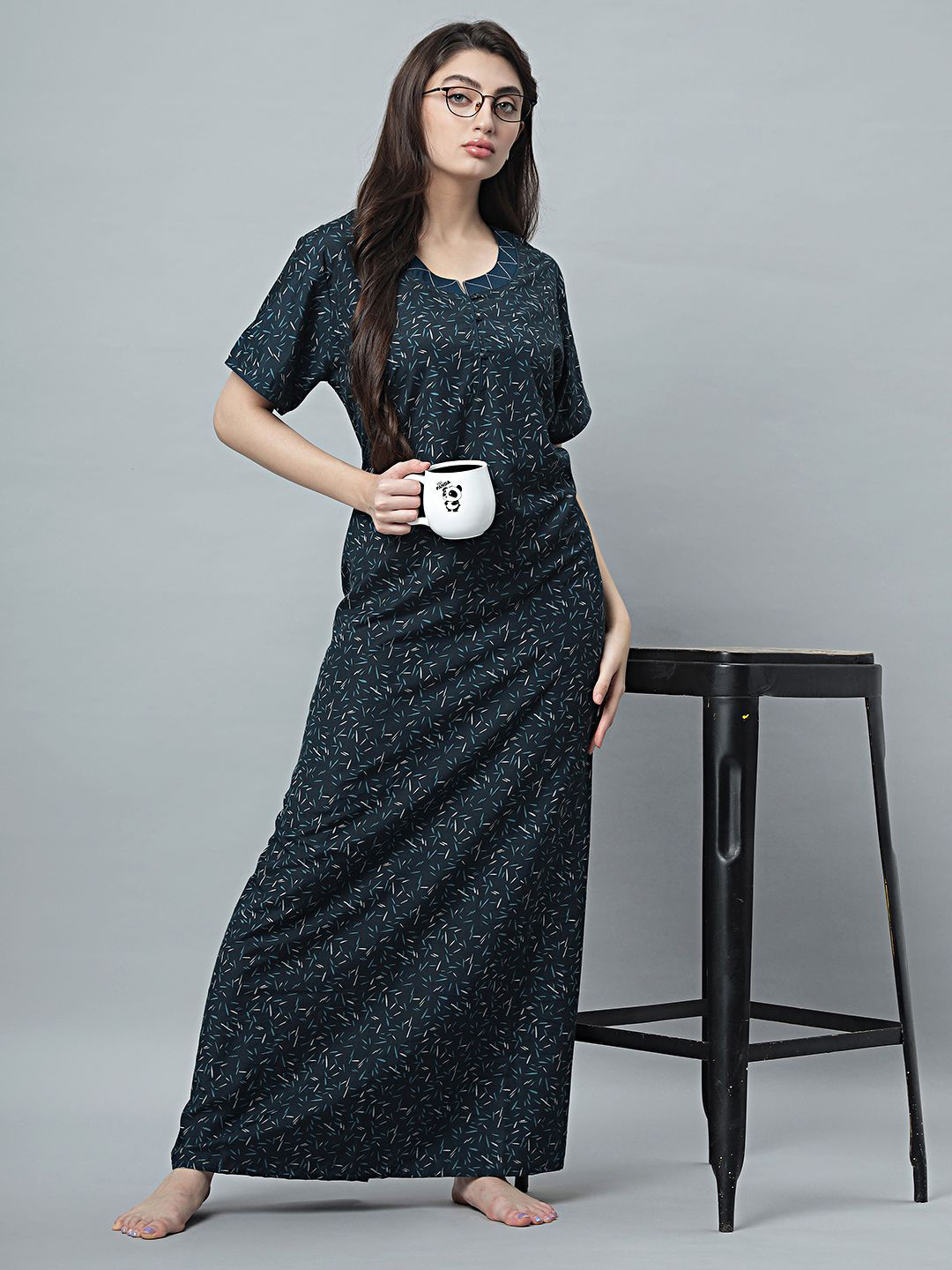 QUIRA Printed Round Neck Short Sleeves Maxi Nightdress