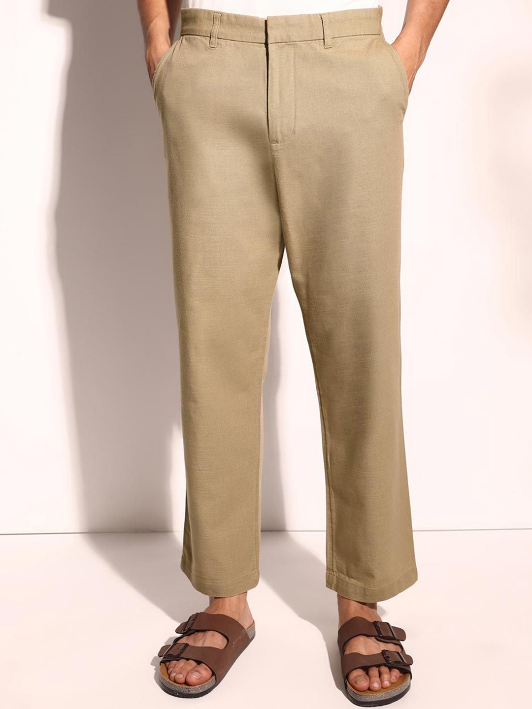 Fabindia Men Straight Fit Mid-Rise Cotton Flat-Front ChinosTrousers