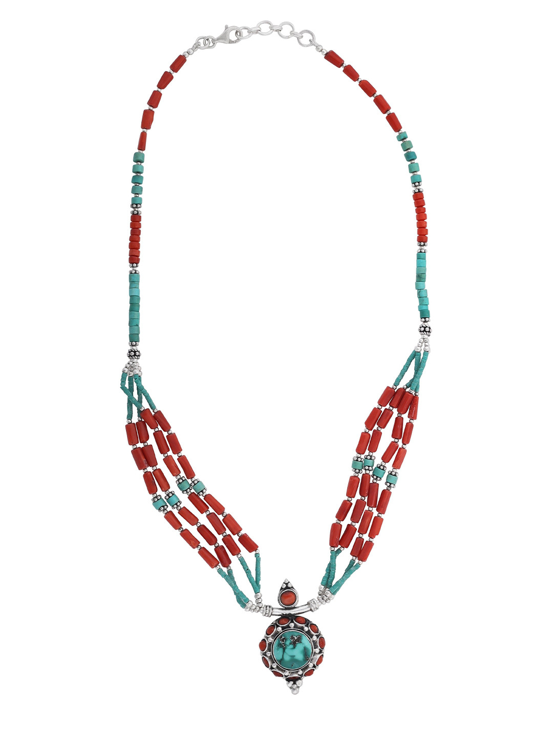 Exotic India Coral and Turquoise Stone Sober Sterling Silver Necklace
