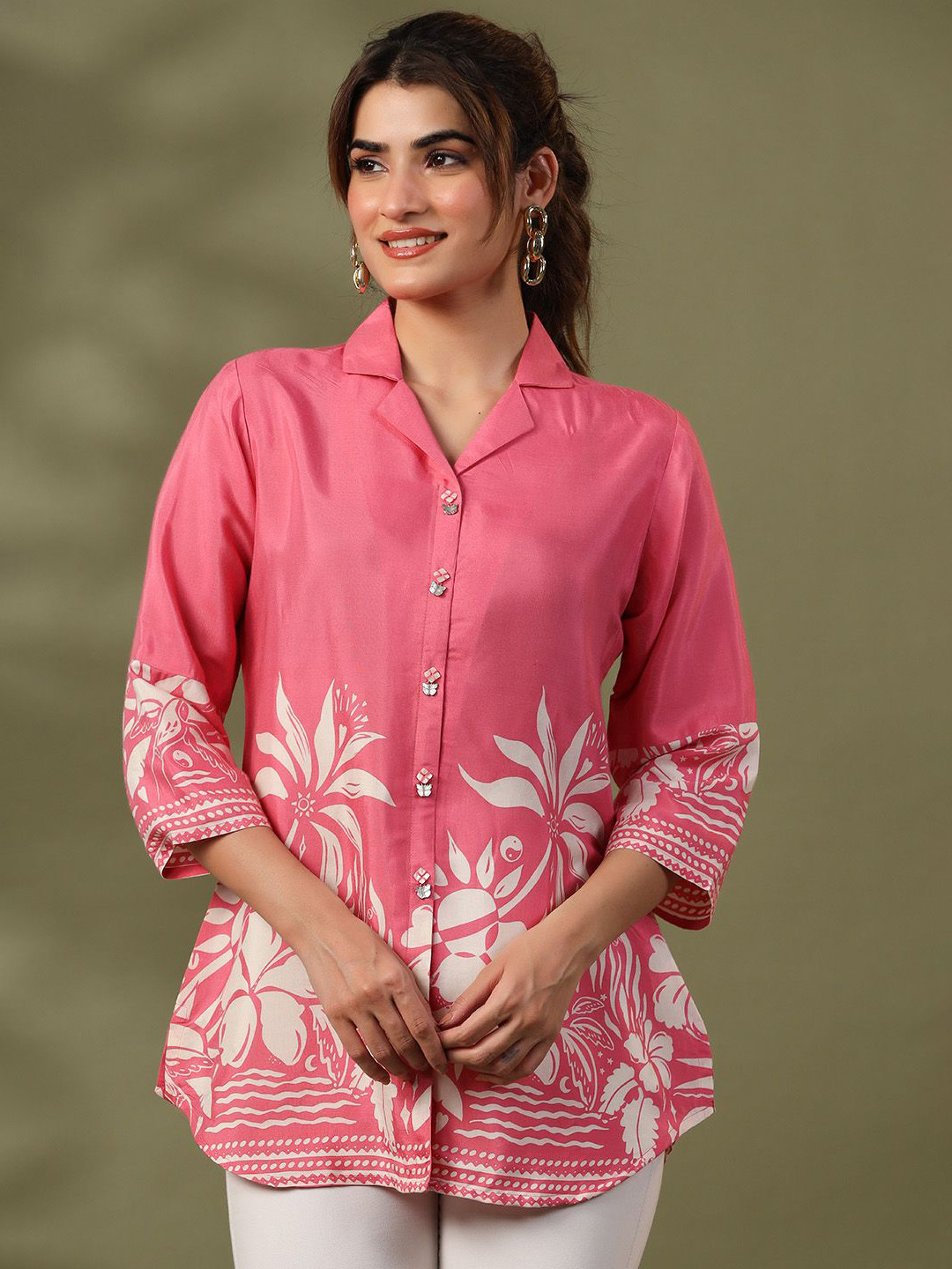 Kaftanize Women Cream Cotton Shirt Collar Printed Tunic