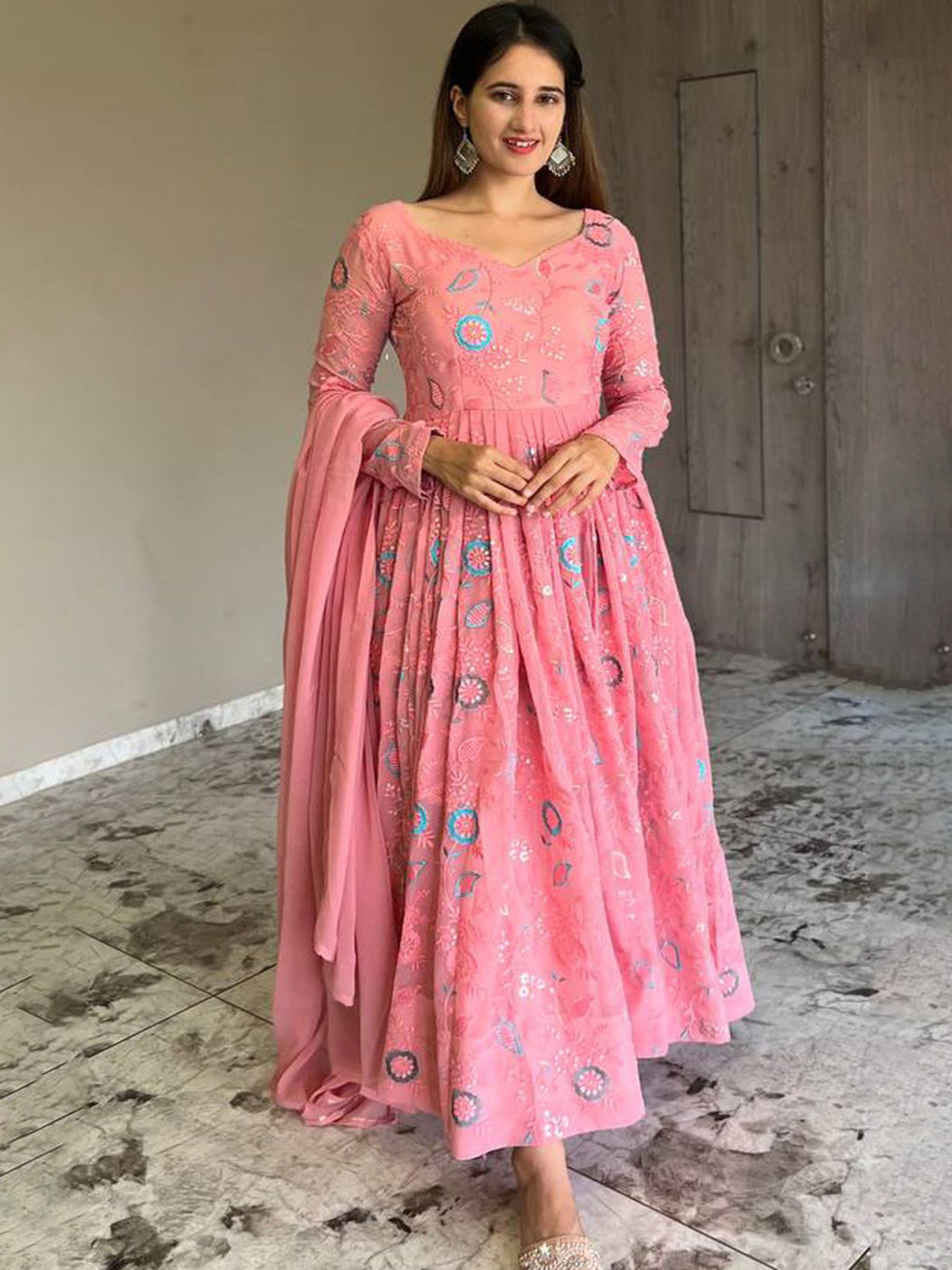KALINI Floral Printed Embroidered Georgette Fit & Flare Midi Dress With Dupatta