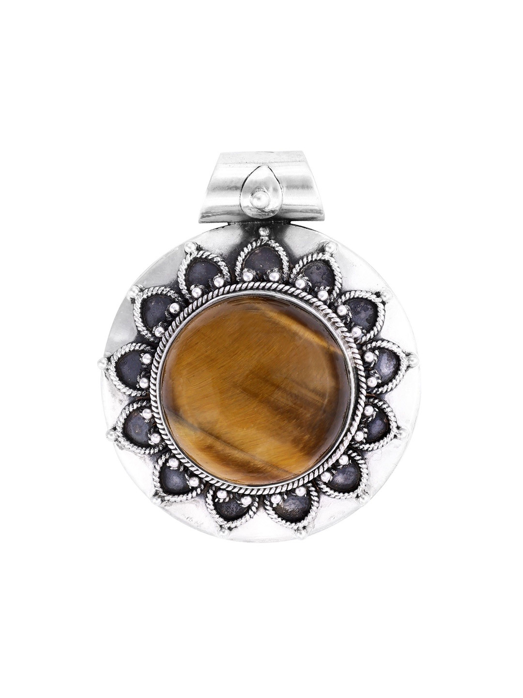 Exotic India Tigereye Stone Sterling Silver Floral Design Pendant
