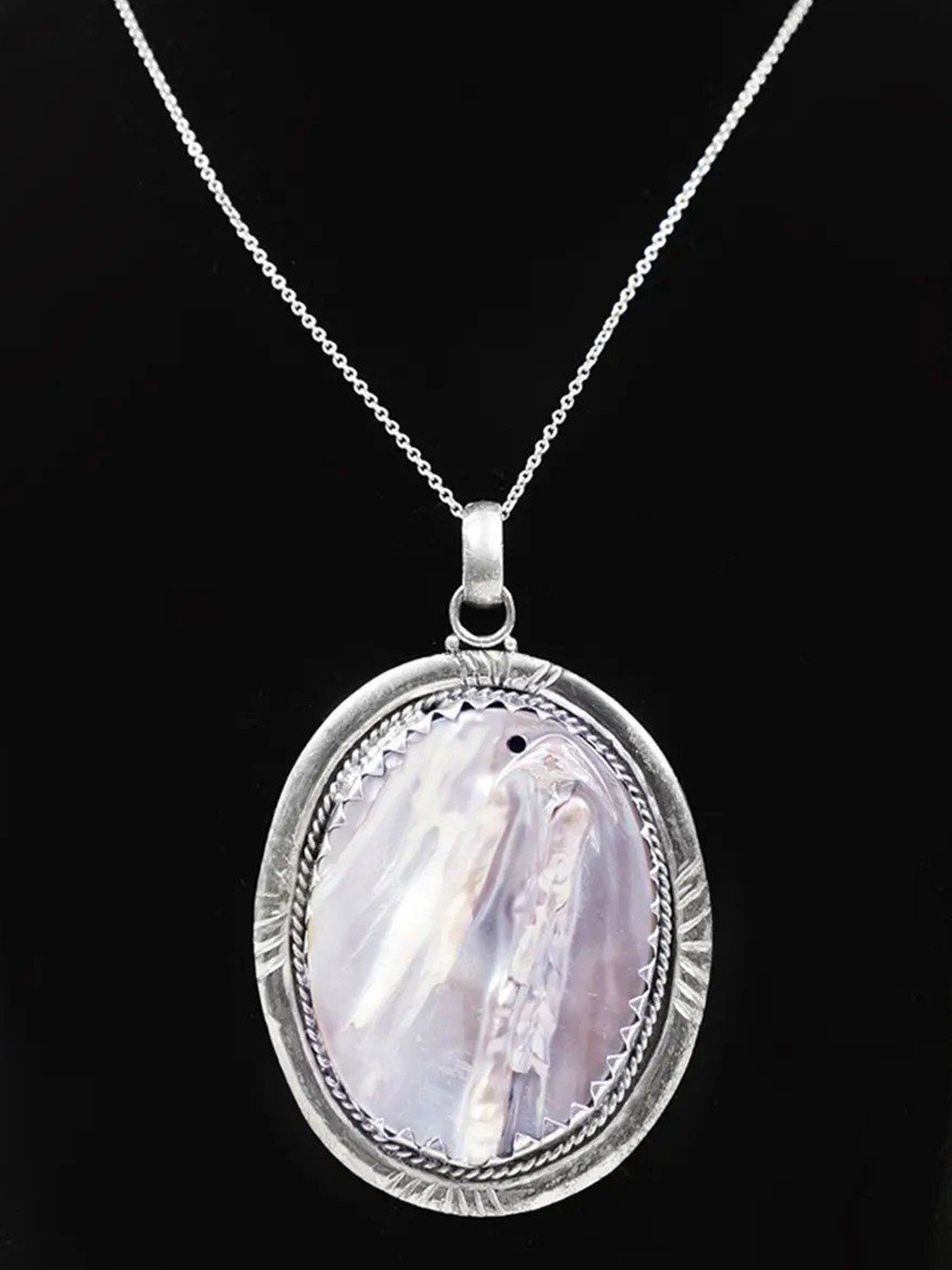 Exotic India Mother of Pearl Oval Shaped Sterling Silver Pendant