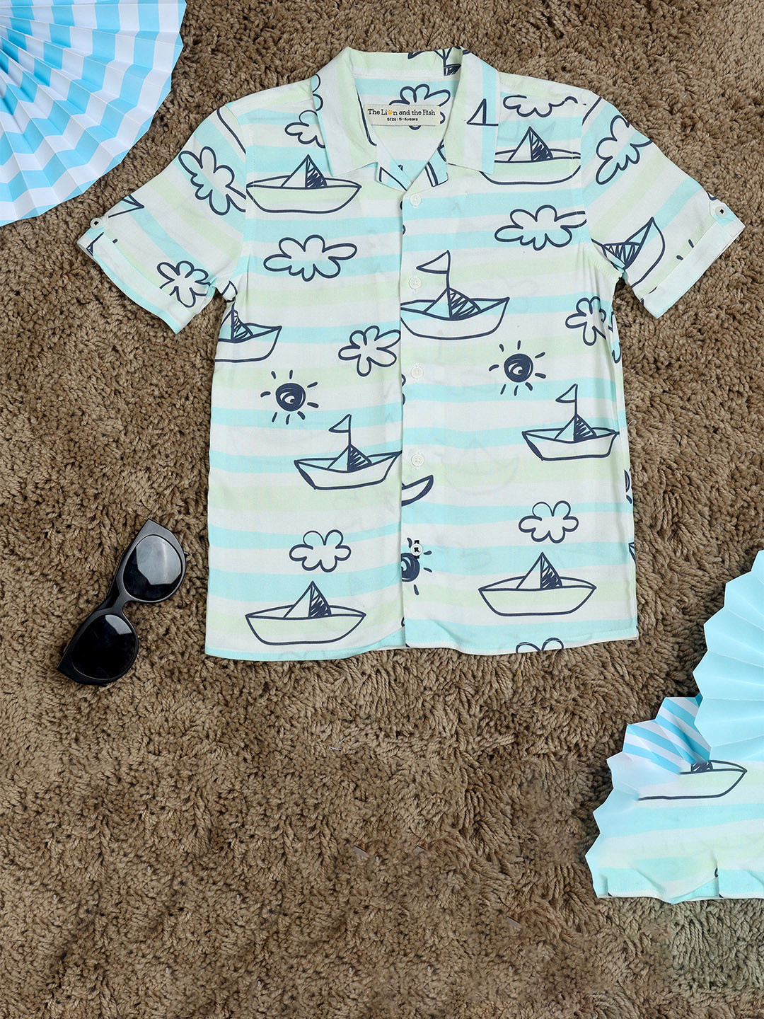 The Lion and The Fish Boys Relaxed Fit Boat Printed Cuban Collar Shirt
