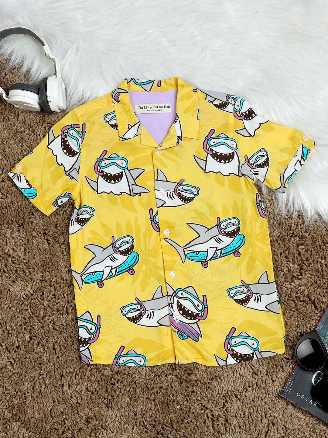 The Lion and The Fish Boys Relaxed Fit Fish Printed Cuban Collar Shirt