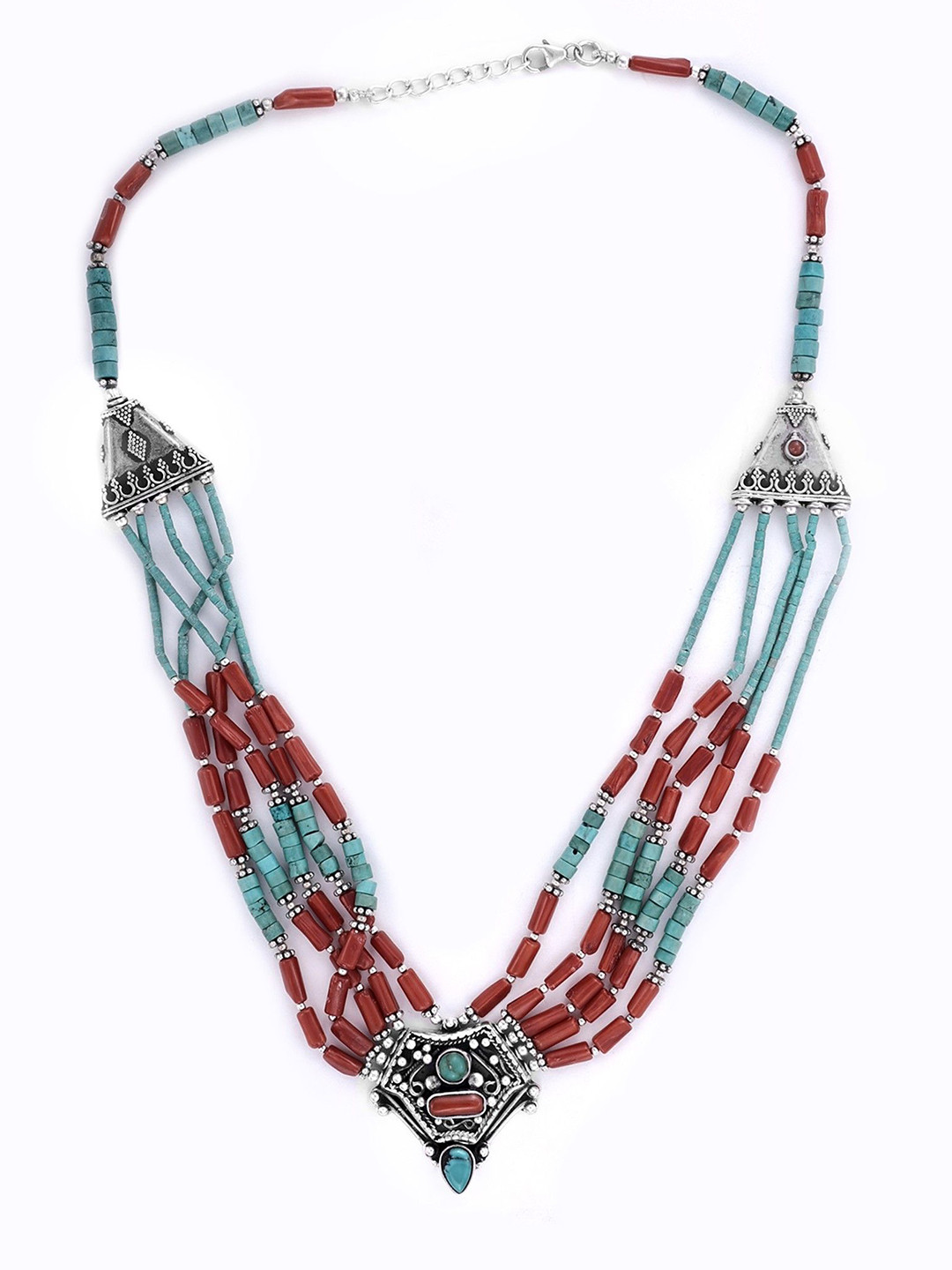 Exotic India Coral and Turquoise Stone Stylish Sterling Silver Necklace