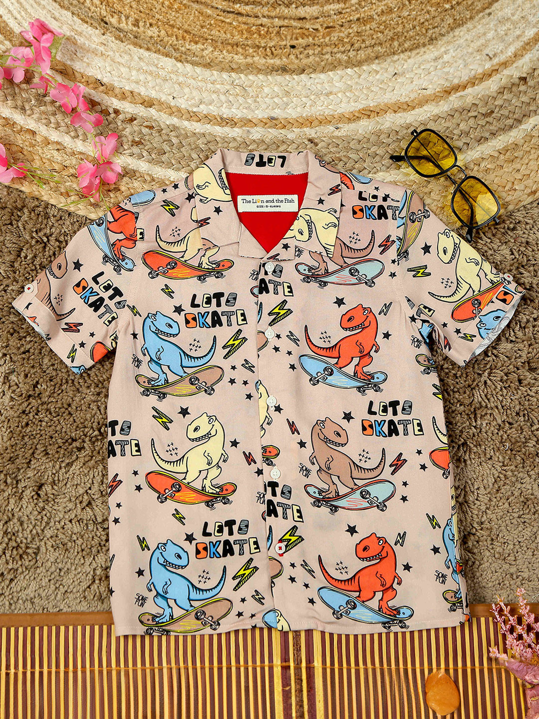 The Lion and The Fish Boys Relaxed Fit Dinosour Printed Cuban Collar Shirt