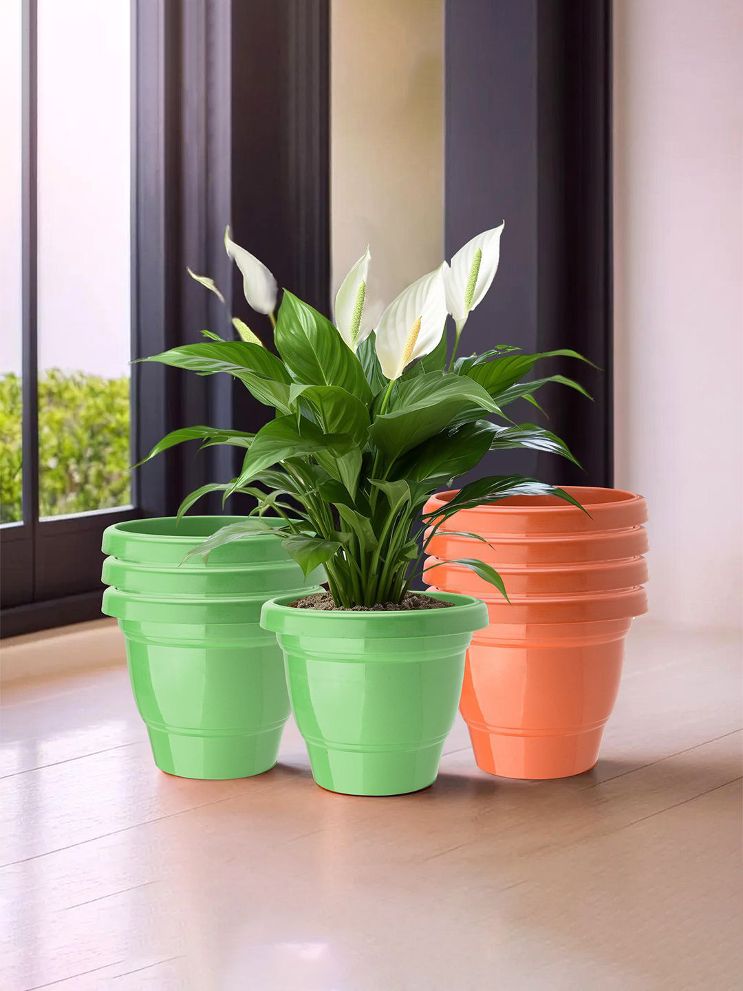 Kuber Industries Orange-Colored & Green 8 Pieces 2-Layered Planters