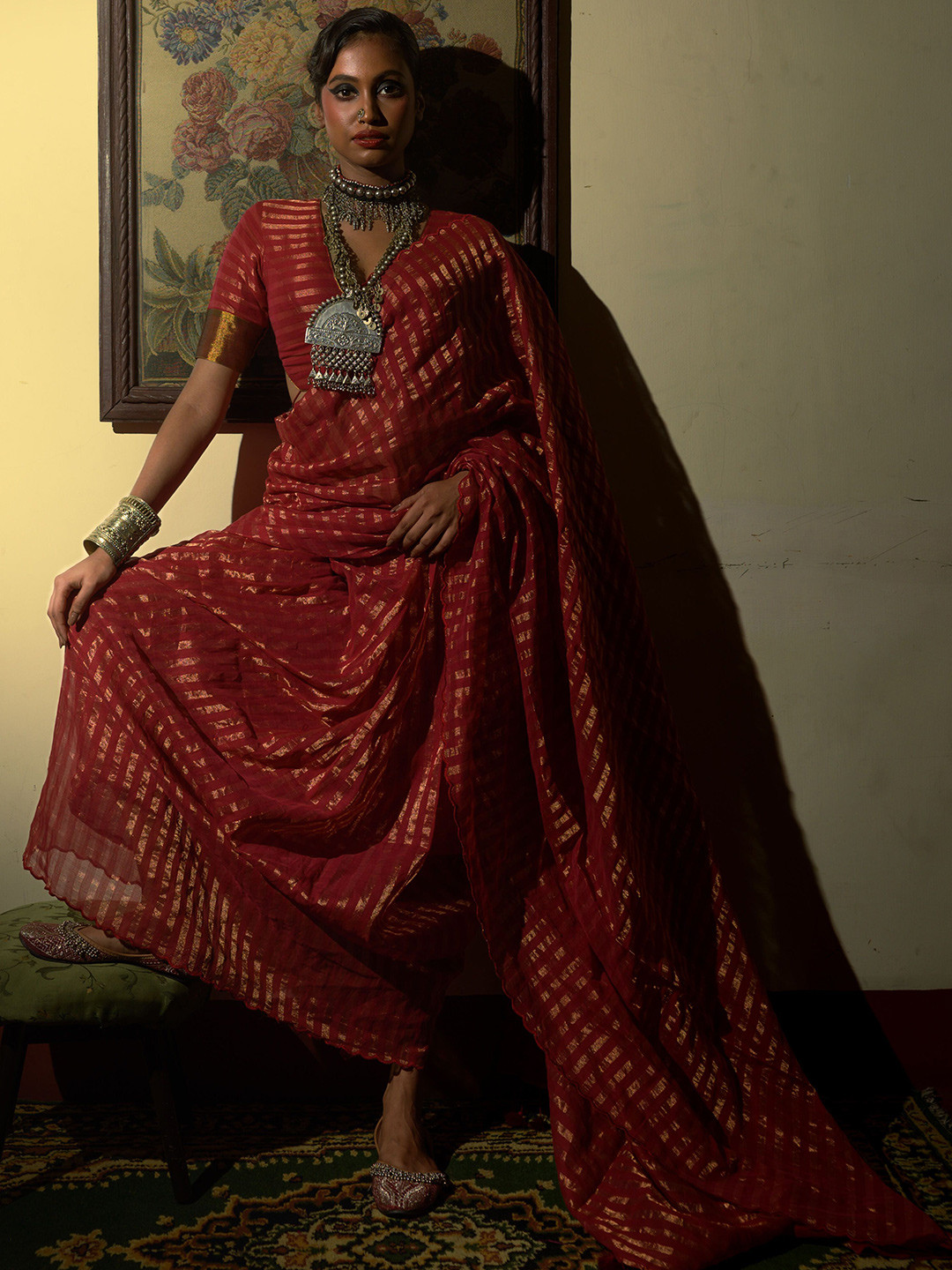 HUTS AND LOOMS Woven Design Zari Pure Cotton Saree