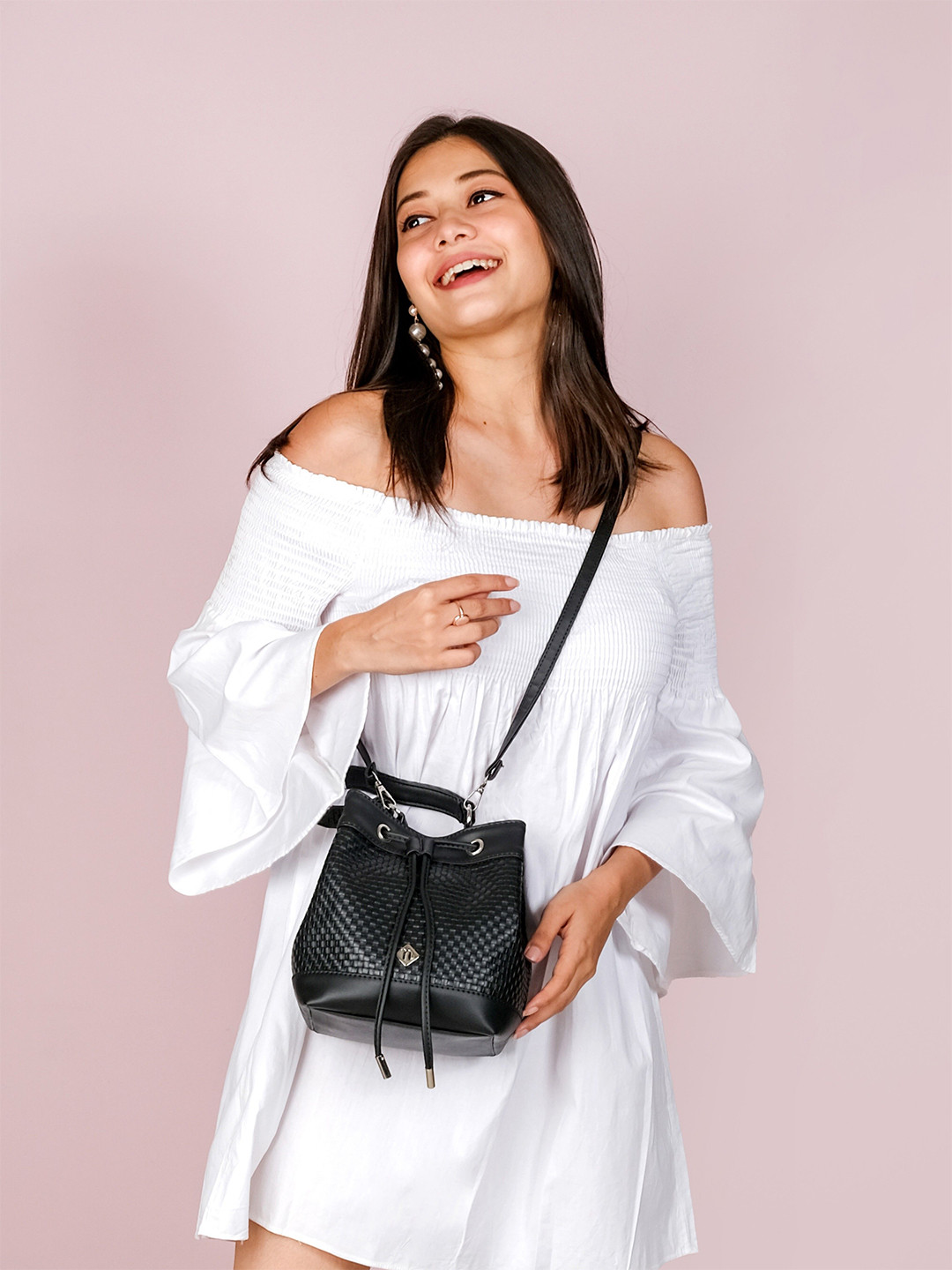 Nestasia Black Textured Bucket Bag