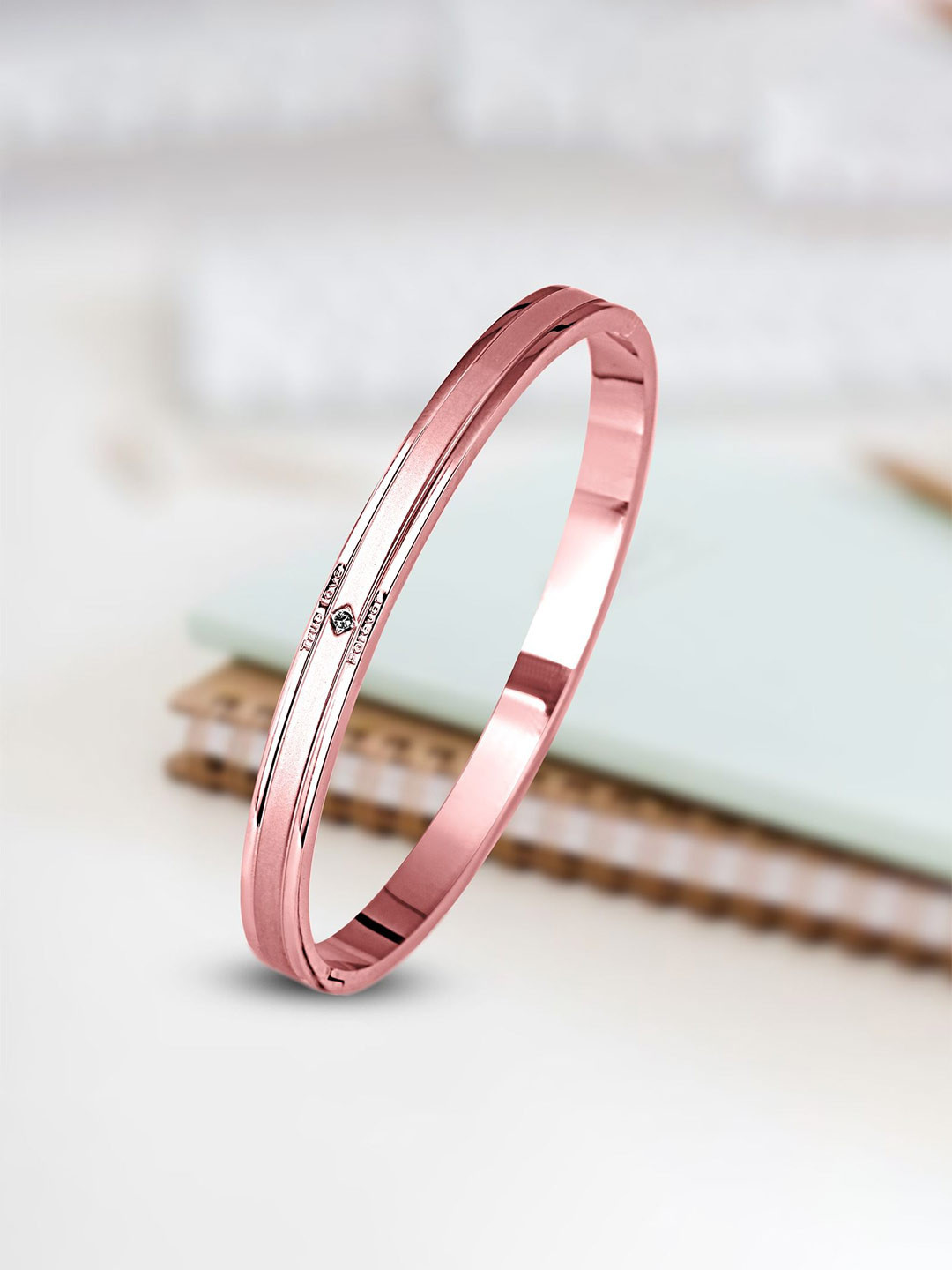 MEENAZ Men Stainless Steel American Diamond Rose Gold-Plated Kada Bracelet