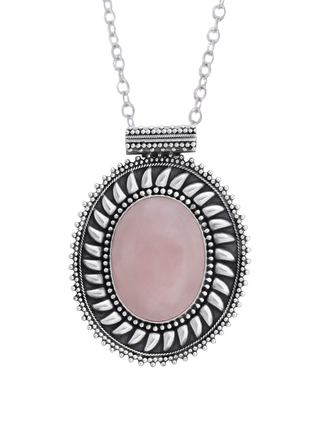 Exotic India Oval Shaped Rose Quartz Gemstone Sterling Silver Studded Pendant