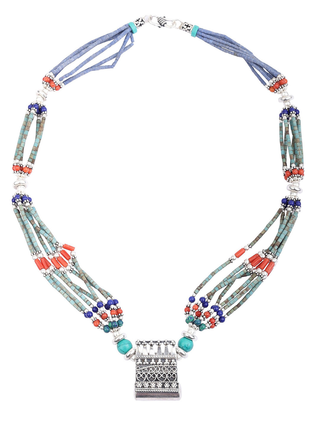 Exotic India Turquoise, Lapis Lazuli and Coral Stone Sterling Silver Necklace