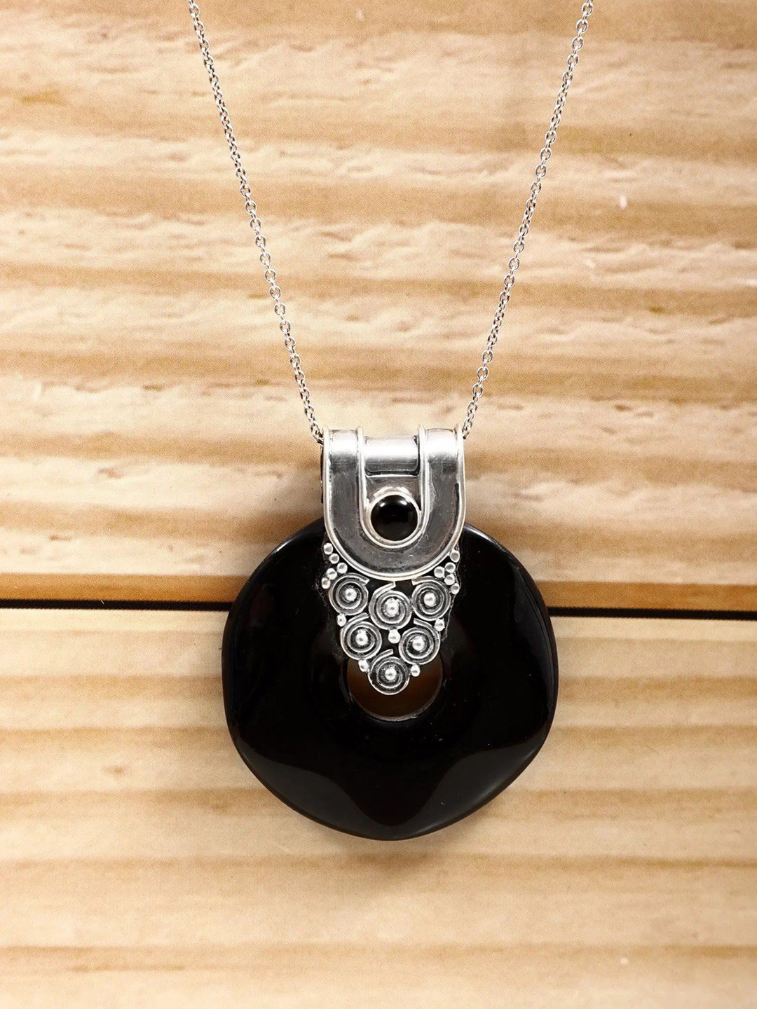 Exotic India Black Onyx Stone Sterling Silver Pendant