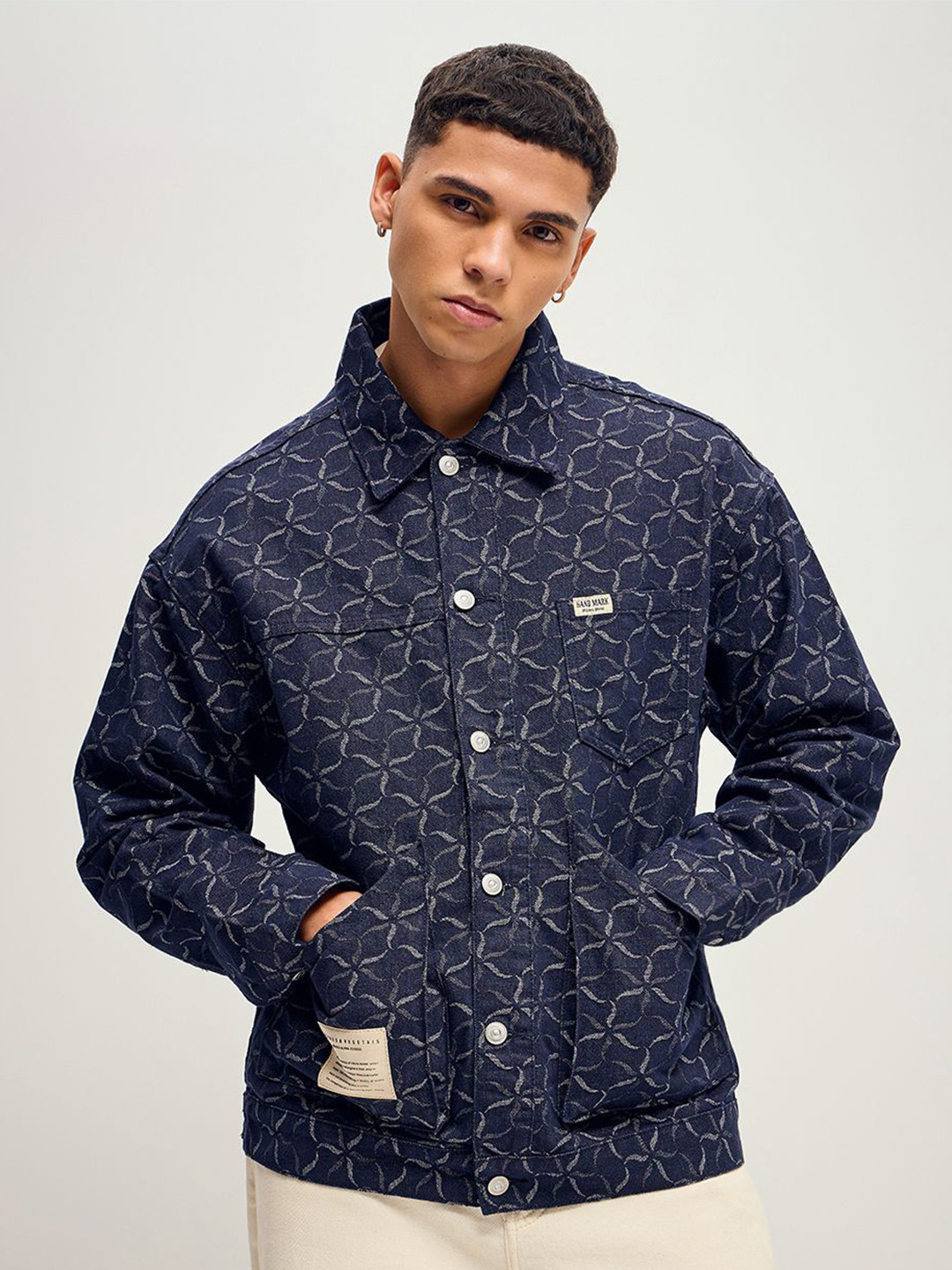 THE BEAR HOUSE Men Abstract Printed Classic Denim Jacket