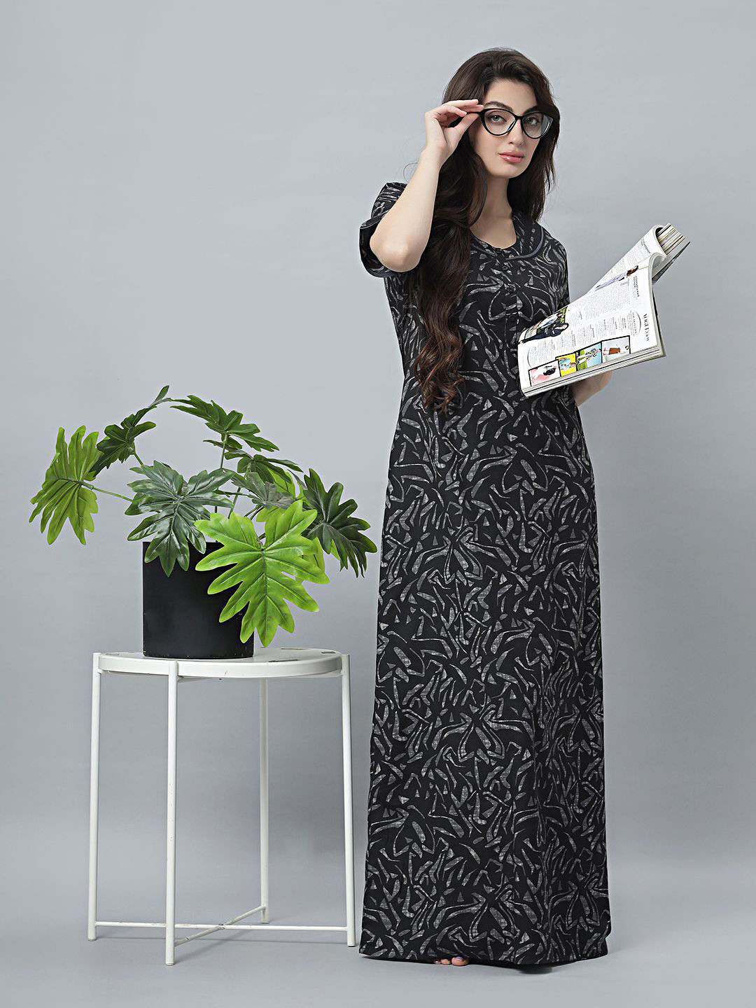 QUIRA Women Printed Scoop Neck Maxi Nightdress